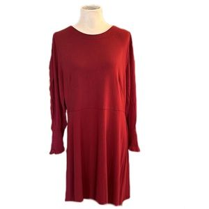 LOFT Burgundy Red Mini Dress swing boho sz 18 brick solid ruffle flare bishop
